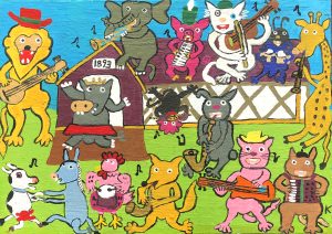 Colorful painting of a group of animals playing musical instruments by Kwang Lee